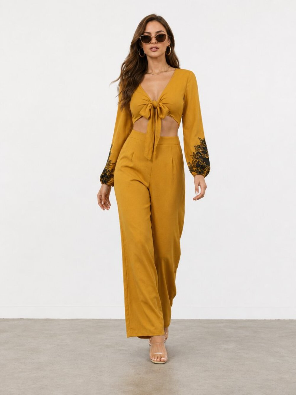 Mustard Boho Embroidered Wide Leg Pant Set NWT